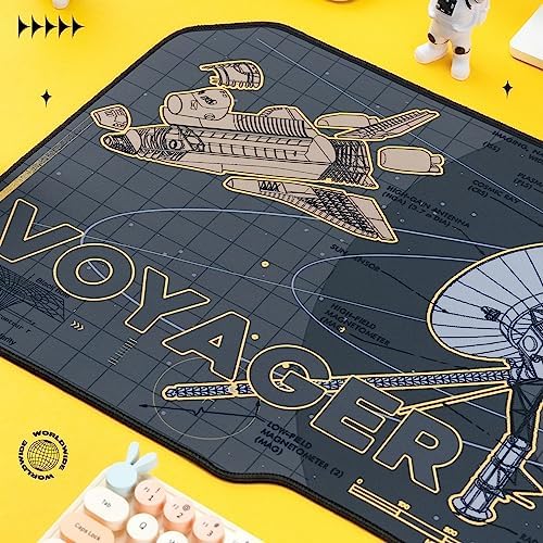 BelugaDesign Space Desk Pad | Voyager Spaceship Moon Galaxy Science SciFi Nerdy Mouse Pad | Large Gray Gold Keyboard Laptop Gaming Mousepad | Machine Washable Non-Slip Desk Blotter Protector Mat