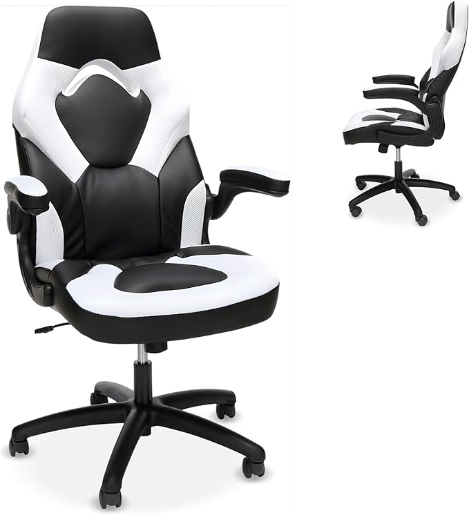 RESPAWN 3085 Ergonomic Gaming Chair for Adults, High Back Office Chair with Headrest and Flip Up Arms, Leather Racing Style Gaming Seat with Lumbar Support, Video Game Computer Desk Seat - White