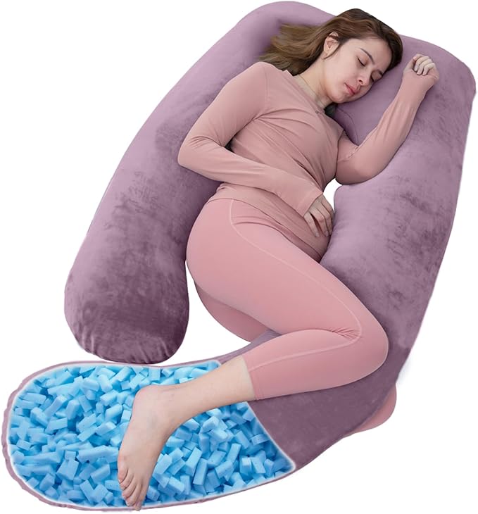 Shredded Memory Foam Body Pillow, Pregnancy Pillows for Sleeping, Maternity Pillow for Pregnant Women, Memory Foam Filling U Shaped Body Pillow with Velvet Cover (Dark Purple, 60 inch)