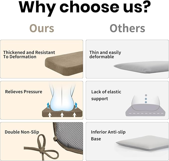 2'' Thick High-Density Foam Indoor Chair Cushions | Dining Chair Pads with Ties, Removable Washable Cover, Kitchen Chair Cushions 17"x16",Khaki 2 Pack