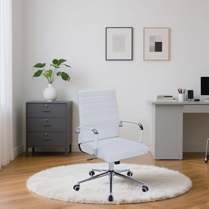 White Leather Ribbed Office Desk Chair, Ergonomic Mid-Back Executive Conference Room Chairs with Wheels, Adjustable Swivel Computer Task Chair with Arms and Thick Padded Seat
