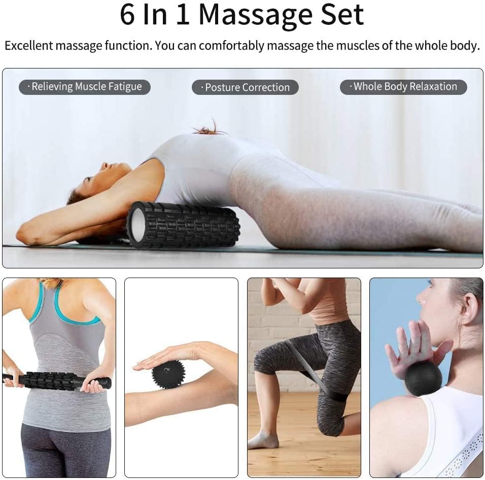 Aucuu 6 in 1 Foam Roller Set Includes Hollow Core Massage Roller, Yoga Stick, Massage Ball, Fitness Stretching Strap, Carrying Bag, Towel, Massage Roller (Black)