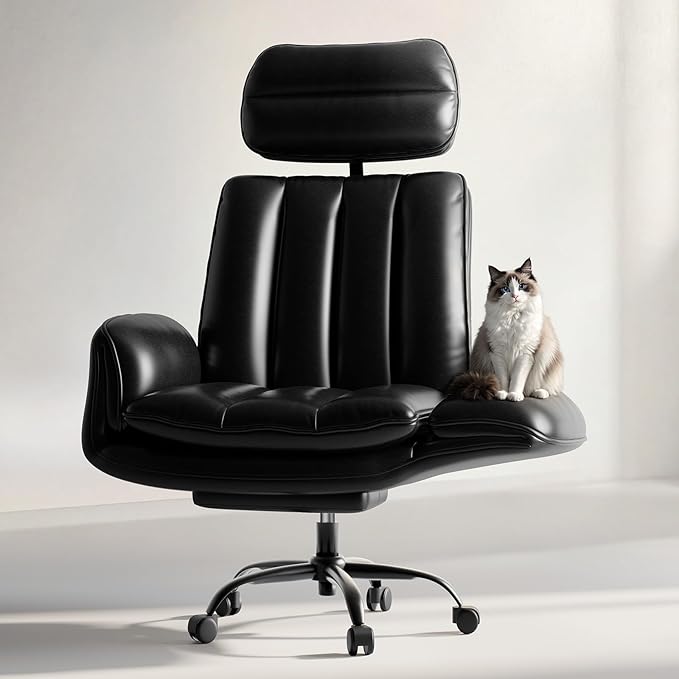 HOMRELEXA Criss Cross Office Chair with Armrests & Wheels, Comfy Big and Tall Chair, Ergonomic Executive Gaming Computer Chairs with Foot Rest, PU Leather Wide Seat Reclining Desk Chair, Black