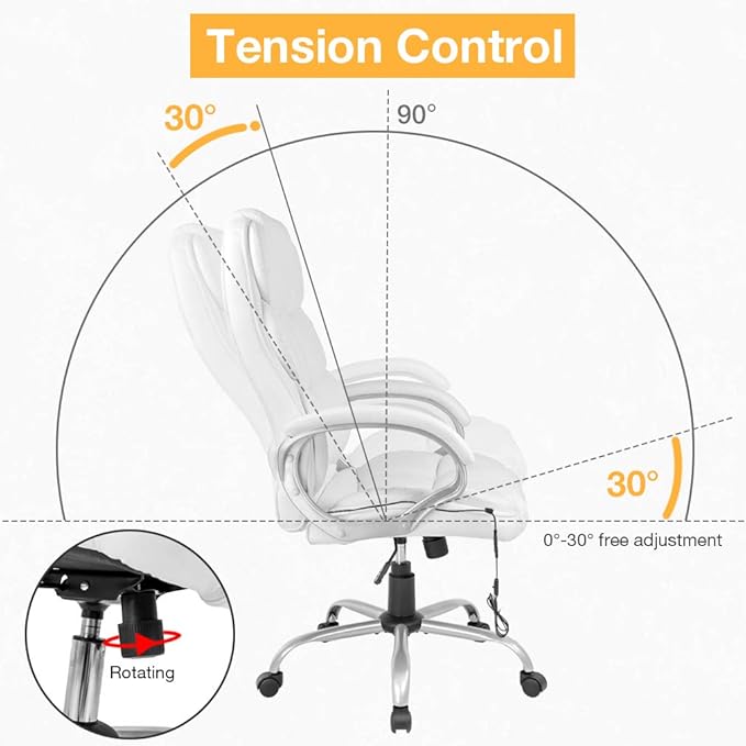 BestOffice Ergonomic White Faux Leather Executive Chair with Lumbar Support, Massage Vibration, Swivel, and Armrests for Home or Office Use