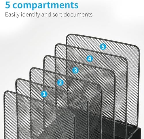 LEKETREE File Organizer for Desk, File Folder Organizer with 5-Section Vertical Rack, Suitable for Home Office Document Organization and Storage(Black 2-Pack)