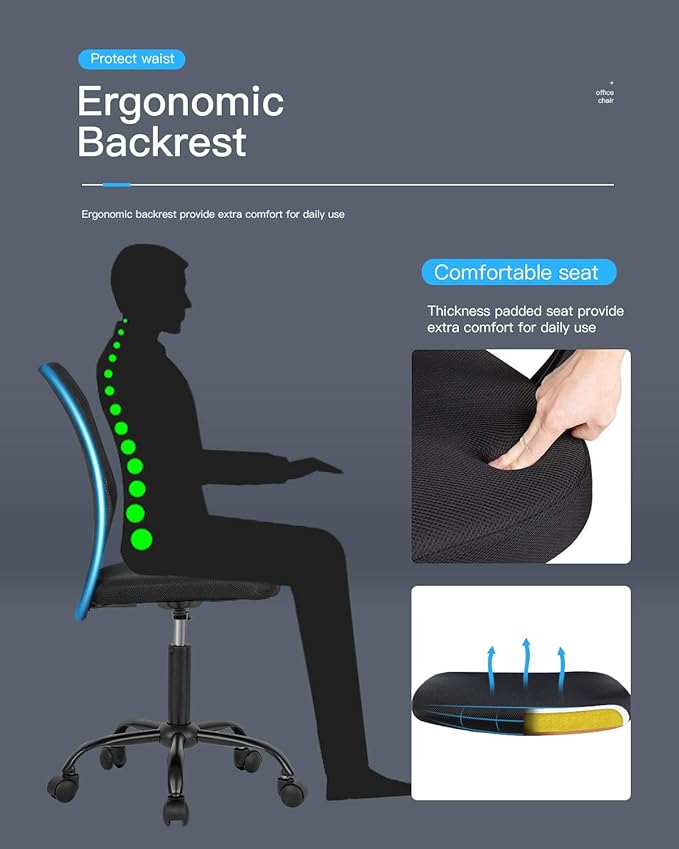 Ergonomic Office Mesh Support Modern Executive Mid Back Rolling Swivel Chair for Men&Women, Black (Home Office Desk Chair)
