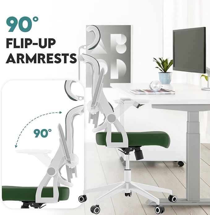 350 LBS Ergonomic Office Computer Mesh Chair - Adjustable Height Rolling Desk Chair with Flip-Up Armrests & High Back Support - Comfortable Swivel Task Chair for Home Office (01GREEN)