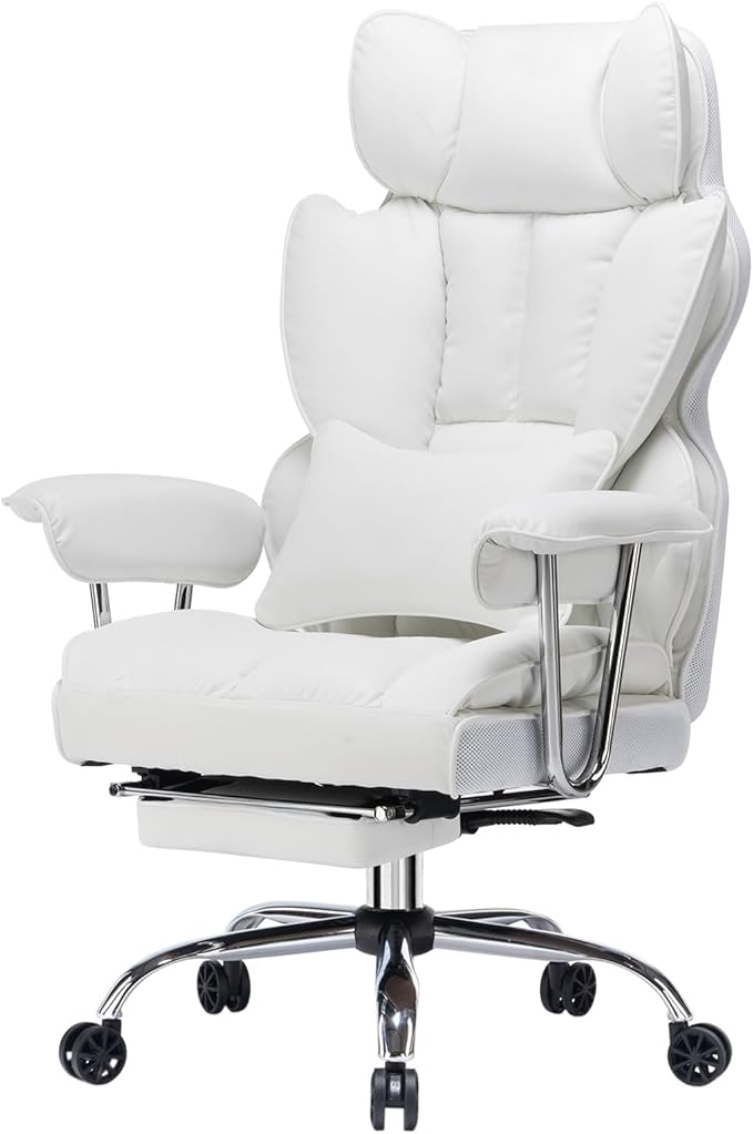 Efomao Big and Tall Office Chair 400lbs – High Back Executive Chair with Swivel Base, PU Leather Upholstery, Lumbar Pillow, Padded Armrests, and Rolling Wheels，White Computer Chair