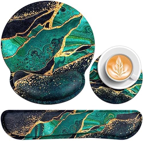 Mouse Pad Green with Wrist Rest Set, 3-in-1 Wrist Support Mousepad