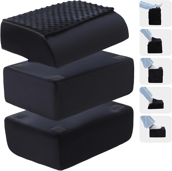 Novabright Foot Rest Under Desk, 3 Height Adjustable Ergonomic Foot Stool with Gel Textured Top and Cozy Pocket, Non-Slip Foam Footrest for Office Home Car(15" X 11" X 14.4",Cambered,Black)