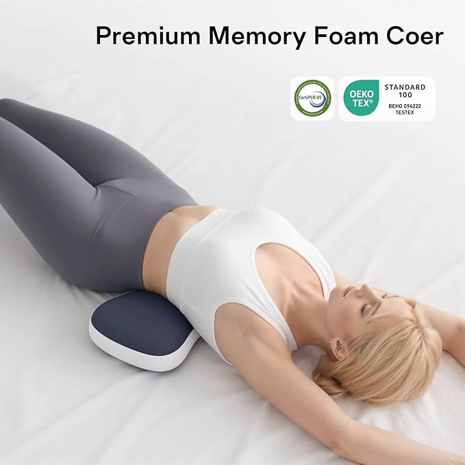 Lumbar Support Pillow for Bed, Memory Foam Pillow for Back Pain Relief, Lower Back Pain Relief Pillow for Sleeping, Adjustable Lumbar Pillow for Sleeping, Bed, Car, Couch (White - Navy Blue)