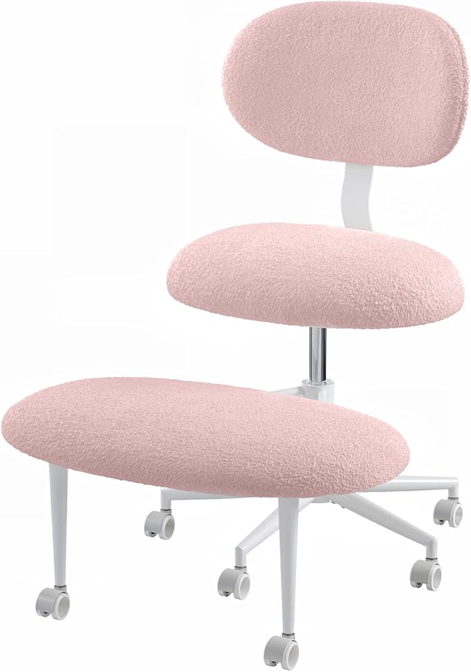 Pinmoco Ergonomic Cross Legged Office Chair with Wheels, ADHD Chair for Adults, Meditation Chair, Yoga Office Chair, Comfortable Back Support, Height Adjustable,Small Spaces, Teddy Fabric, Pink