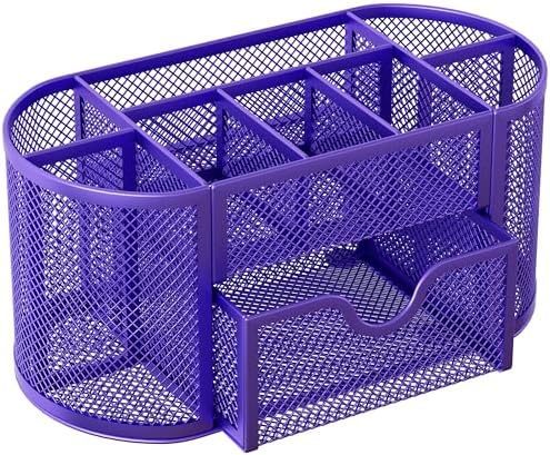 EasyPAG Mesh Pen Holder Desk Organizer with Drawer Stationery Supplies Organizer for Dorm School 9 Compartments Workspace Desk Accessories Organization for Office, Purple