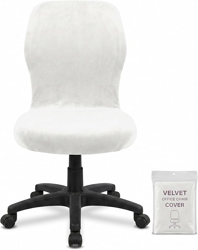 Deisy Dee Velvet Stretch Armless Office Chair Covers - Colorful Stretch Slipcover for Desk Chairs (Off White)