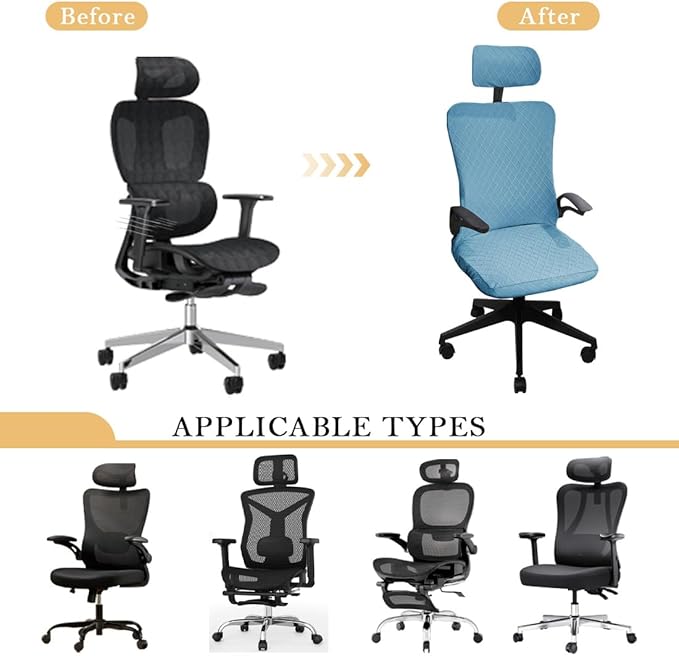 Ergonomic Office Chair Covers Set with Headrest Cover Stretch Desk Computer Chair and Headrest Slipcovers Washable Protector Slipcovers for Swivel Computer Chair 4 Pieces Azure