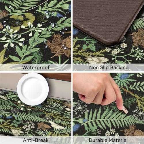 2PC Botanical Kitchen Rugs Set, Black Green, 17.3"x28" + 17.3"x59"