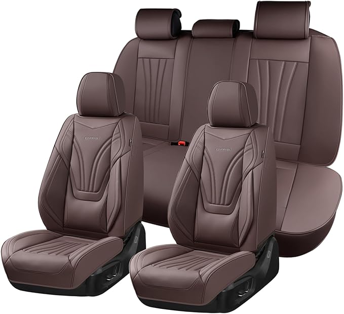 Coverado Car Seat Covers Full Set, 5 Piece Car Seat Protector with Lumbar Support & Removable Headrest, Breathable Leather Front Rear Seat Cushion Universal Fit for Truck Automotive Brown
