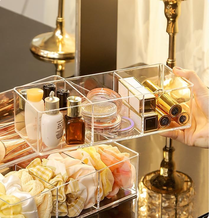 Stackable Clear Drawer Organizers Small Makeup Vanity Storage Bins Trays and Office Desk Drawer Dividers Single Compartment 2 Pack