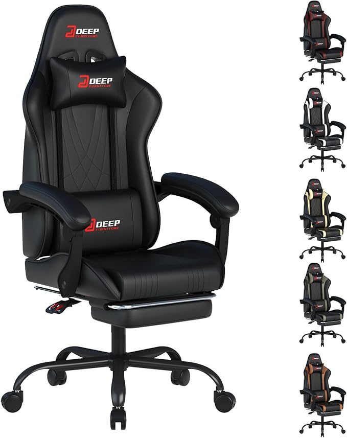 Gaming Chair with Footrest, Ergonomic Game Chair with Lumbar Support and Linkage Armrest, Reclining Computer Chair Height Adjustable for Home Office (1001-Black)