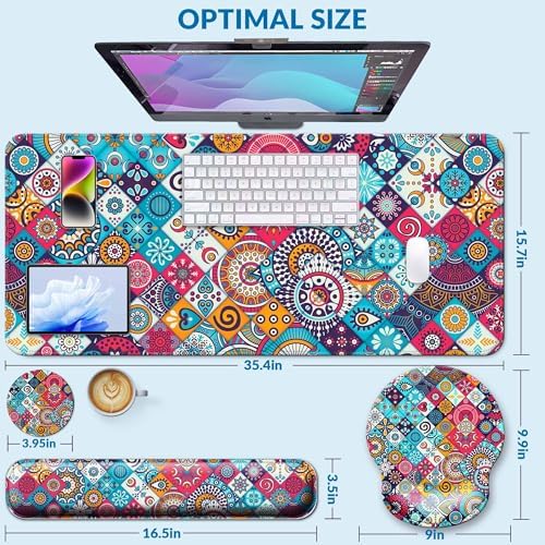 Desk Pad Keyboard Wrist Rest and Mouse Pad Coaster Set,Large XXL Desk Mat Matt Cover Ergonomic Mousepad with Memory Foam for Women Desktop Computer & Office -Mexican Style