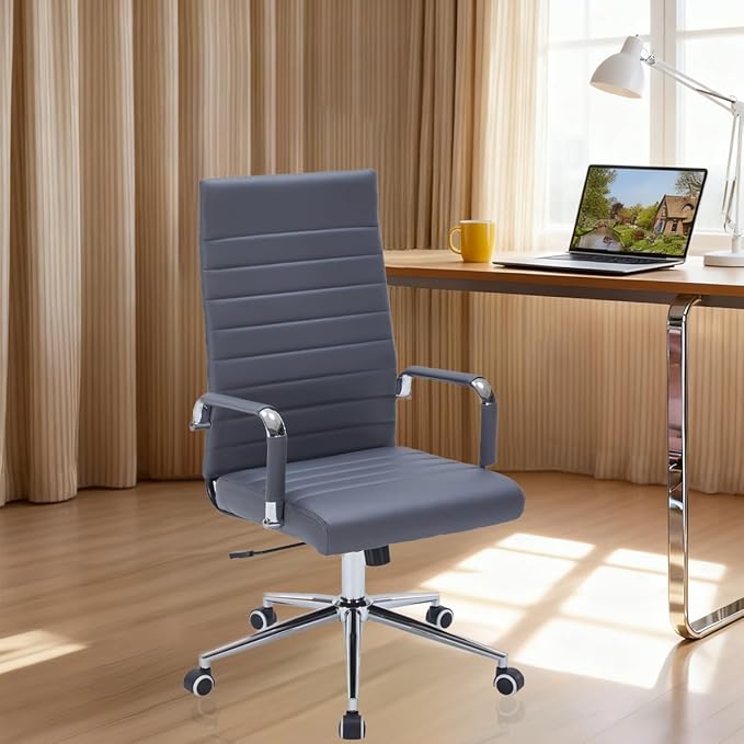 Grey Leather Ribbed Office Desk Chair, Ergonomic High-Back Executive Conference Room Chairs with Wheels, Adjustable Swivel Computer Task Chair with Arms and Thick Padded Seat