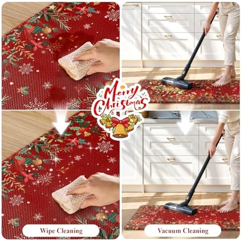 KIMODE Christmas Decor Kitchen Mats for Floor Anti Fatigue, Boho Vintage Kitchen Rugs Sets of 2, Cushioned Kitchen Floor Mats, Comfort Standing Mat for Sink Laundry Office Desk 17"x47"+17"x29" Red