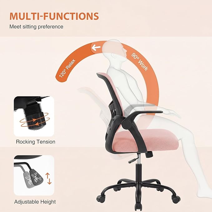 Sweetcrispy Home Office Managerial Executive Chair, Flip Up Armrest Ergonomic Mesh Adjustable Swivel Mid-Back Computer Desk Chair with Comfortable Lumbar Support, Comfy Arms for Bedroom,Blak&Pink