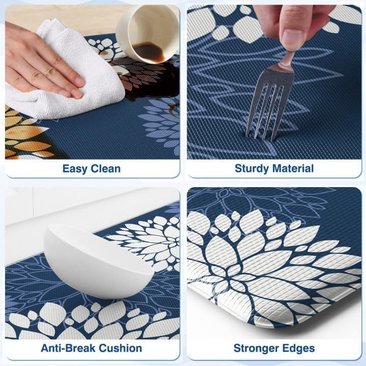 Kitchen Mats 2 Piece Set, Anti Fatigue Non Slip Cushioned Floor Rugs, Blue