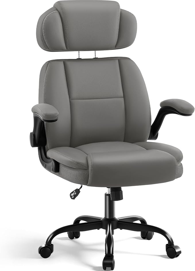 AreShark Ergonomic Office Chair with Lumbar Support, 400lbs Heavy Duty Big and Tall Executive Desk Chair, PU Leather High Back Computer Chair with Flip-Up Arms & Adjustable Headrest, Gray