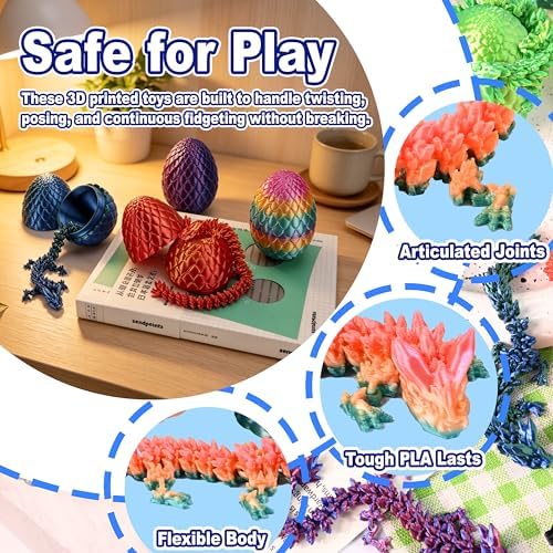 8.5" 3D Printed Dragon Eggs, Flexible Fidget Toys, 3D Printed Animals Set, Unique Birthday Party Favors, Desk Decor & Classroom Prizes for Boys & Girls (4 Pack)
