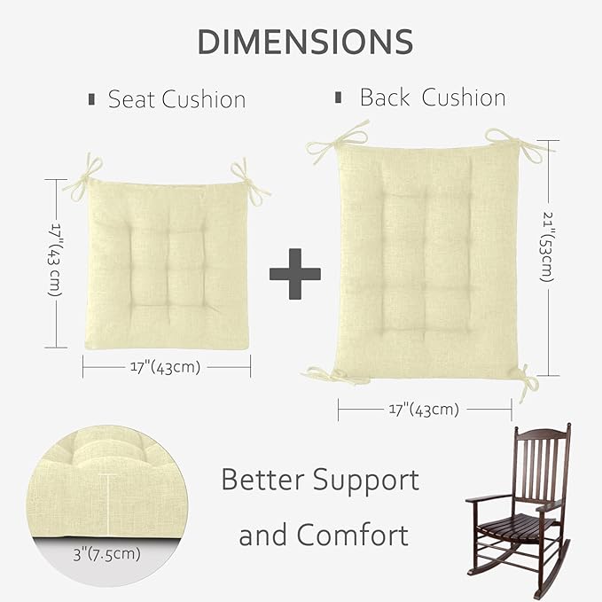 ELFJOY Rocking Chair Cushion Large Rocking Chair Pads with Ties Premium Linen High Back and Seat Cushion 2 Piece Set Linen White