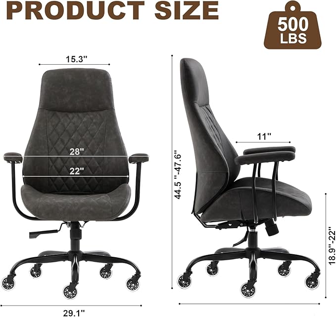 E-Motie Office Chair with Rubber Wheels, Ergonomic Computer Chair 500 lbs, Leather Desk Chair with Lumbar Support, Executive Chair Adjustable Height & Recline, Dark Grey