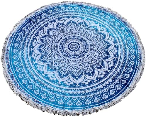 Round Beach Tapestry Turquoise Mandala Throw/Boho Hippie Beach Blanket Roundie/Indian Cotton Bohemian Large Round Table Cloth-Home Decor/Yoga Mat Meditation Picnic Rug (70", Blue and White)