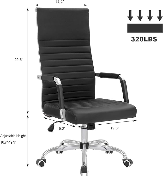 Ribbed Office Chair High Back PU Leather Desk Chair Adjustable Swivel Task Chair Computer Chair with Armrest for Conference Study Leisure (Black)