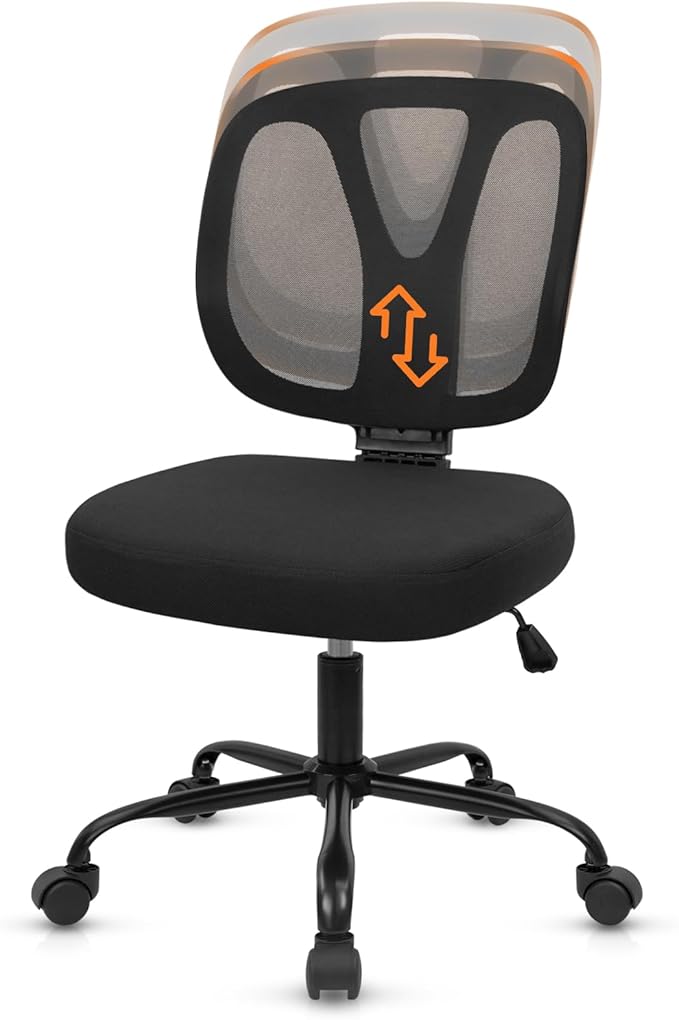 CLATINA Armless Home Office Chair, 360° Swivel Rolling Desk Chair with Lumbar Support and Wheels, Adjustable Height Mesh Back Small Ergonomic Computer Task Chair for Conference Waiting, Black