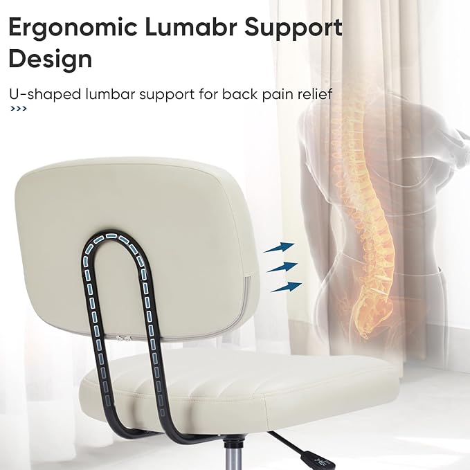 DUMOS Small Office Desk Chair - Armless PU Leather with Comfy Lumbar Support, Height Adjustable Rolling Swivel Task for No Arms, for Adult, Student, Bedroom, Home, Vanity, Beige White