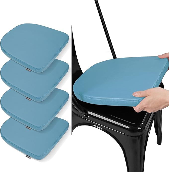 SINOSSO Modern Faux Leather 14" Metal Chair Cushions Set of 4, Leathaire Magnetic Chair Pads for Dining Kitchen Cafe Bistro Stackable Chairs (U-Shape, Blue, 4)
