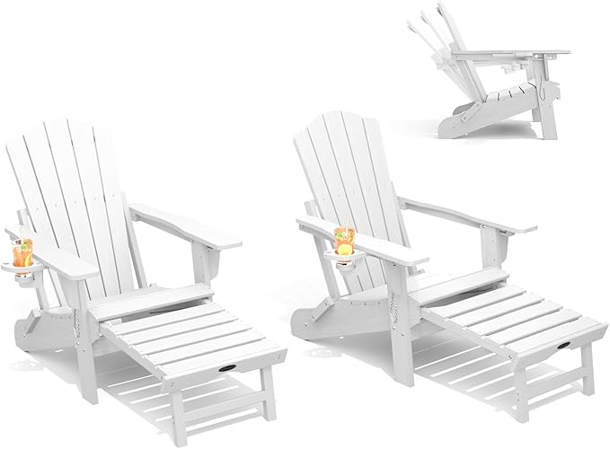 THOEOE Adjustable Adirondack Chair with Retractable Ottoman, HDEP Folding Adirondack Chairs with Footrest 2-in-1 Cup Holder, All Weather Outoor Fire Pit Chair with Foot Rest Set 2 White