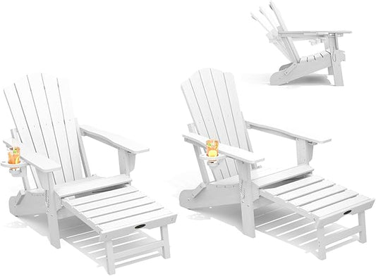 THOEOE Adjustable Adirondack Chair with Retractable Ottoman, HDEP Folding Adirondack Chairs with Footrest 2-in-1 Cup Holder, All Weather Outoor Fire Pit Chair with Foot Rest Set 2 White