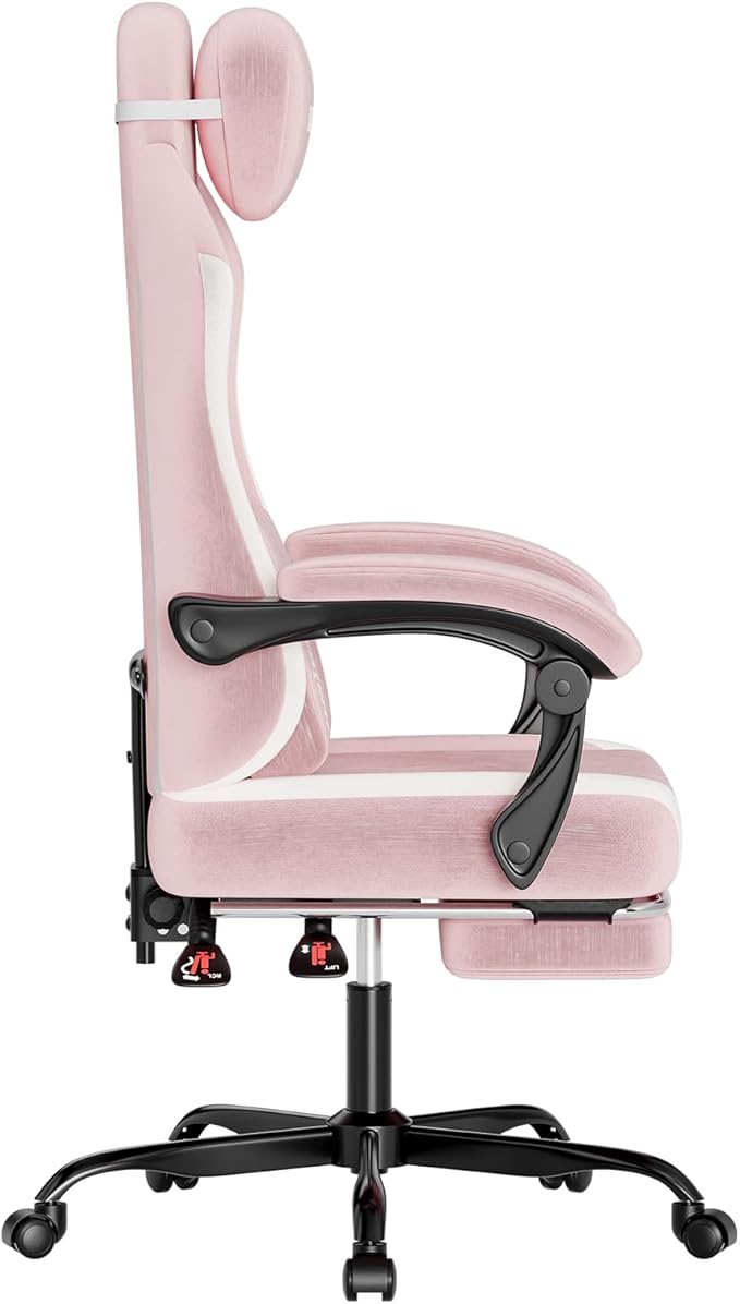SUKIDA Fabric Video Gaming Chair, Ergonomic High-Back Computer Game Chairs with Large Massage Adjustable Lumbar Support, Headrest and Linked Armrests for Long Hours Sitting Task Chair, Pink