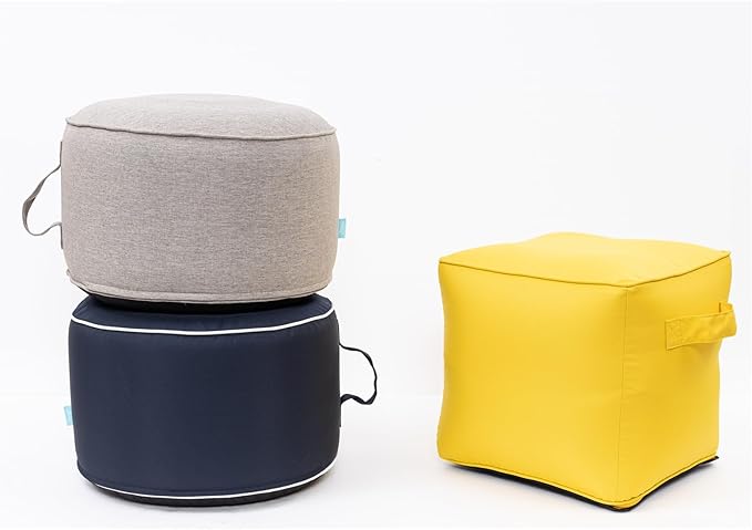 QILLOWAY Inflatable Outdoor Ottoman for Patio, Waterproof Round Pouf, Inflatable Foot Rest, Outdoor Footstool for Poolside, Garden，Camping,All Tan,Grey
