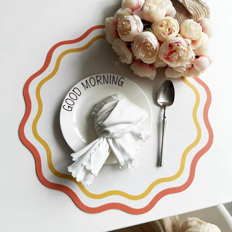 Printed Flower Shape Leather Placemat Insulated Table Mat for Kitchen Dining Table Striped Waterproof Heat-Resistant Plate Mat (Flower Orange,34cm Round)