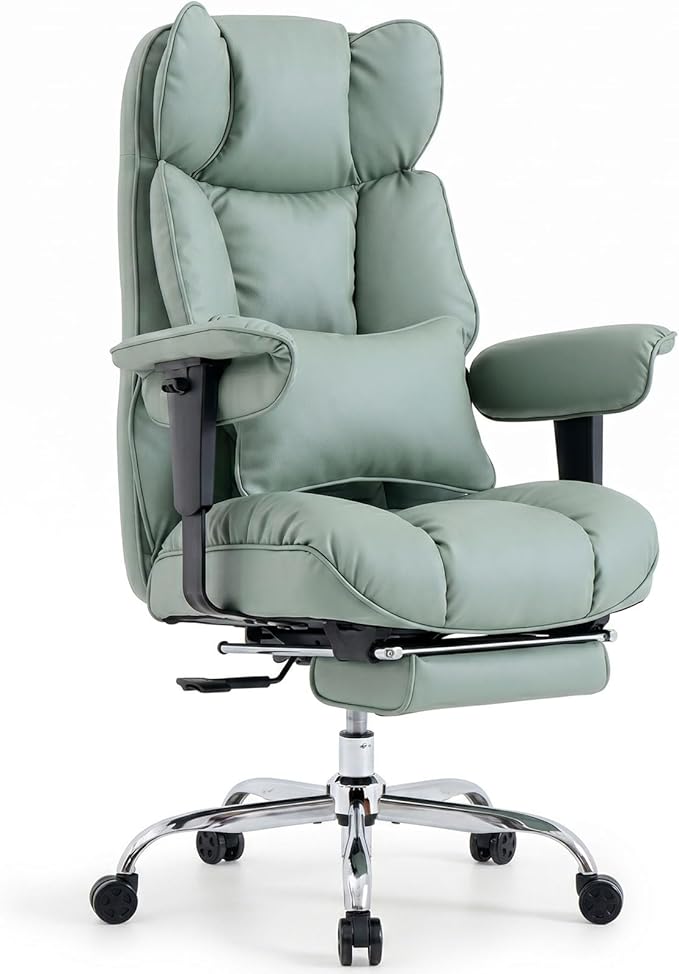 Efomao Big and Tall Office Chair 400lbs - Heavy Duty Reclining Desk Chair with Footrest, Spacious High Back PU Leather Executive Chair, Double-Layer Spring Support, Green