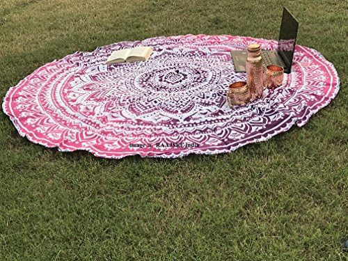 raajsee Pink Ombre Round Beach Tapestry Hippie/Boho Beach Blanket Roundie/Indian Cotton Throw Bohemian Round Table Cloth/Yoga Mat Meditation Picnic Rugs 69 inch Circle