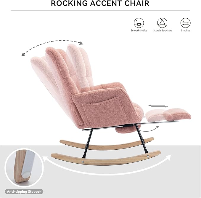 FOXHUNTER Rocking Chair Nursery with Foot Rest, Teddy Glider Rocking Chair for Nursery Upholstered Rocker Recliner Chair, Comfy Armchair with Adjustable Footrest for Living Room Bedroom, Pink Teddy