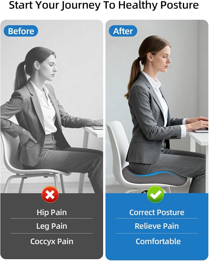 Extra Dense Orthopedic Seat Cushion, Ergonomic Memory Foam Seat Cushion for Office Chair，Desk Chair，Car，Wheelchair, Tailbone Hip Sciatica Pain Relief Cushion for Long Sitting（Grey）