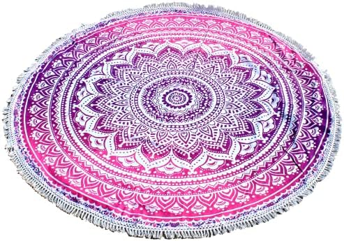 Round Beach Tapestry Turquoise Mandala Throw/Boho Hippie Beach Blanket Roundie/Indian Cotton Bohemian Large Round Table Cloth-Home Decor/Yoga Mat Meditation Picnic Rug (70", Pink and White)