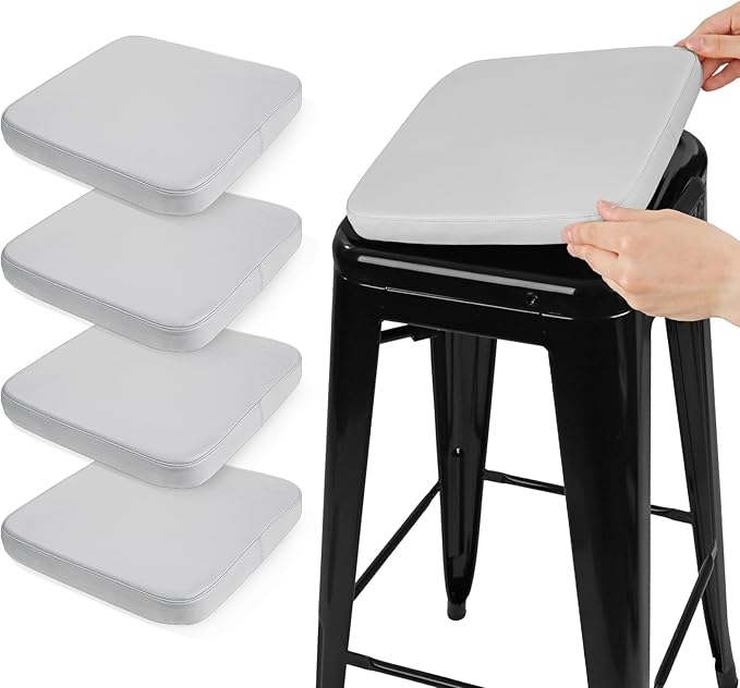 SINOSSO Modern Faux Leather Bar Stool Cushions 4 Pack, Leathaire Magnetic Small Chair Pads for Cafe Bistro Stackable Metal Stools (Square, Light Gray, 4)