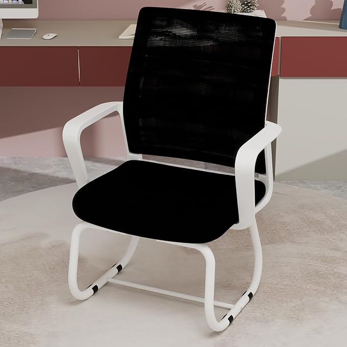 Modern Mesh Office Chair, Ergonomic Desk Chair with Armrests, Breathable Computer Task Seat for Home Work, Sled Base Guest Furniture, Comfortable Lumbar Support, Metal Frame, White+Black