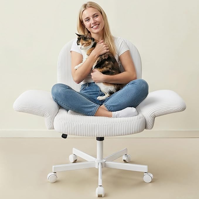 HUANUO Criss Cross Office Chair for Women, Cross Legged Desk Chair with Adjustable Armrests, Soft Corduroy Fabric for Small Spaces, Petite Home Office Computer Chair for Girls, White